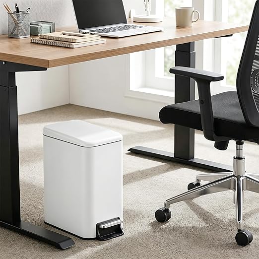 Small Bathroom Trash Can w/Lid Soft Close, 6 Liter/1.6 Gallon Stainless Steel Garbage Can w/Inner Bucket, Trash Bin Waste Basket for Kitchen, Bedroom, Living Room, Office, Toilet, White