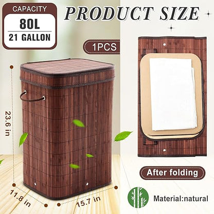 1 Pack 21 Gallon Bamboo Slim Trash Can with Lid Large Foldable Slim Rectangular Garbage Can Bamboo Waste Basket for Bathroom Bedroom Office Home Salon Spa (Brown)