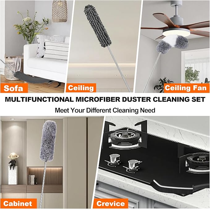 Professional Microfibre Dusters for Cleaning | Duster with Extension 100" | Cobweb Remover Duster Kit with 4 Washable Heads | Bendable Feather Duster for High Ceilings,Fans & Hard to Reach Area | 9PCS