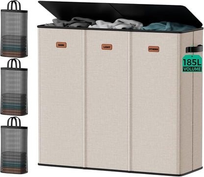 185L Laundry Hamper with Lid, 3 Section Laundry Sorter, Dirty Clothes Hamper with 3 Removable Bags, Extra Large Collapsible Laundry Basket for Home, Laundry Room