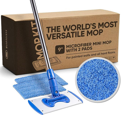 9" Mini Microfiber Mop System for Tight Spaces & Walls | Flat Floor Mop | Adjustable Stainless Steel Handle | 360° Swivel | 2 Washable Microfiber Pads | Hardwood, Tile, Vinyl