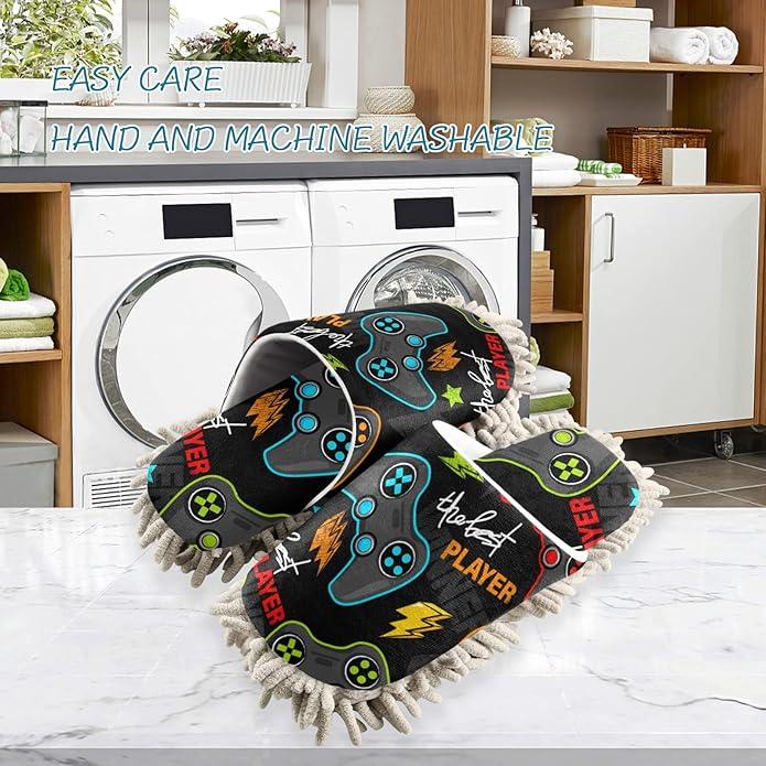 Microfiber Cleaning Slippers Gamepad Washable Mop Shoes Slipper for Men/Women House Floor Dust Cleaner, Size L