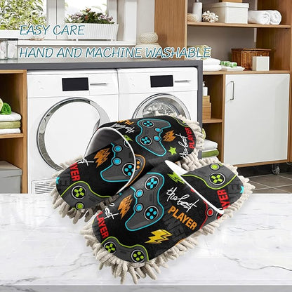 Microfiber Cleaning Slippers Gamepad Washable Mop Shoes Slipper for Men/Women House Floor Dust Cleaner, Size L