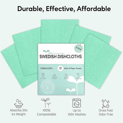 Swedish Dishcloths for Kitchen, 5 Pack Swedish Dish Cloths, Ultra Absorbent Reusable Paper Towels, Cellulose Sponge Cloths, Quick Drying, No Odor, Dishwasher Safe Mint Green
