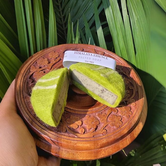 Handmade Felted Soap with Tibetan Yak Milk & Wool - Natural Exfoliating Bar for Face & Body, 6 Scents, Includes Bamboo Dish & Travel Pouch (Jasmine)