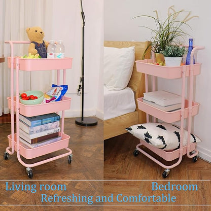 3 Tier Utility Rolling Cart Multifunction Organizer Shelf Storage Cart with 3 Pieces Cups and 8 Pieces Hooks for Home Kitchen Bathroom Laundry Room Office Store etc. (Pink)