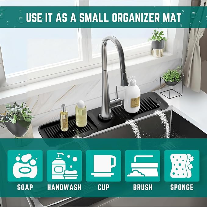 Faucet Mat for Kitchen Sink - Kitchen Sink Splash Guard with FREE Rubber Drain Insert - 24 Inch Faucet Guard Draining Mat, Faucet Mat Dish Soap Sponge Holder for Kitchen Sink Accessories