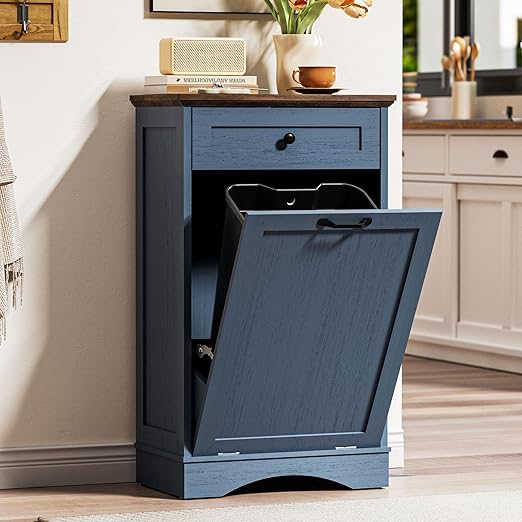 AHB 13 Gallons Tilt Out Trash Cabinet Hidden Trash Can Cabinet Freestanding Garbage Recycling Cabinet with Hideaway Drawer Pet Proof Trash Bin for Kitchen Living Room, Blue
