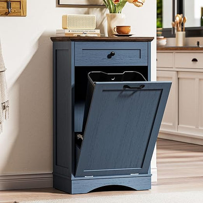 AHB 13 Gallons Tilt Out Trash Cabinet Hidden Trash Can Cabinet Freestanding Garbage Recycling Cabinet with Hideaway Drawer Pet Proof Trash Bin for Kitchen Living Room, Blue