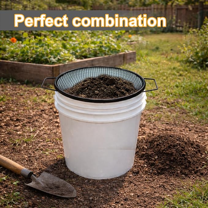 Soil Sifter for Gardening, Rock Sifter for 5 Gallon Bucket,Compost Sifter Dirt Sifter,Captures Dirt Rocks Sawdust (3pcs Black Handle)