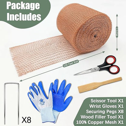 Copper Mesh Rodent Control, 5" x 100 ft Rustproof Copper Mesh Roll 100% Premium Copper Wool for Sealing Holes, Blocks Slugs, Snails, Mice & Pests – with Scissors, Gloves Shovel & 8PCS Lawn Staples