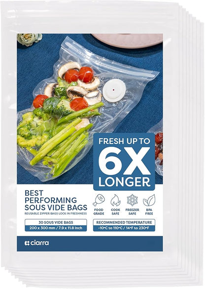 CIARRA BPA Free Reusable Vacuum Sealer Bags 30 Pcs, 8" x 12" Reusable Food Storage Zipper Bags with Air Valve for Sous Vide Cooking Freezer Microwave Heating (30 Count)