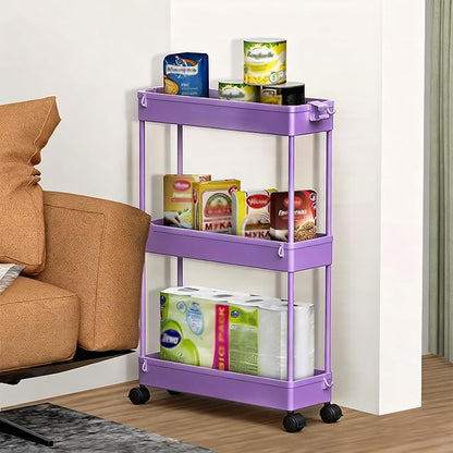 SPACELEAD Slim Storage Cart 3 Tier,Bathroom Organizer Rolling Utility,Mobile Shelving Unit Slide Out for Office, Kitchen, Laundry Room & Narrow Places,Purple
