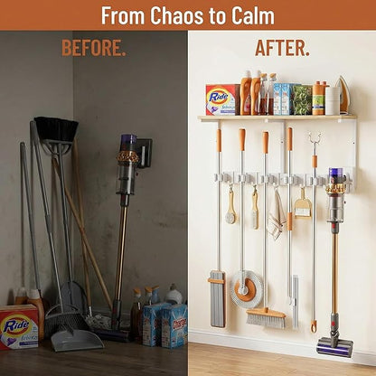Upgraded Broom Holder Wall Mount with Shelf, Mop and Broom Organizer Wall Hanging, Cleaning Supplies Organizer with 5 Grippers, 4 Hooks and Vacuum Holder for Laundry Room, Garage, Kitchen