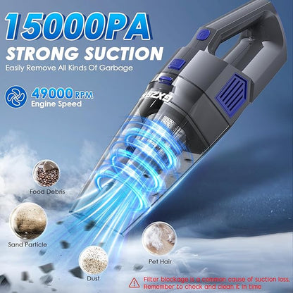 Gxzsk Handheld Vacuum Cordless, 15000PA Strong Suction Hand Held Car Vacuum Cleaner Rechargeable, Portable Hand Vacuum with Multi-Nozzles & Washable Filter for Home Office, Car, Pets