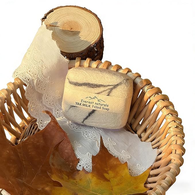 Handmade Felted Soap with Tibetan Yak Milk & Wool Natural Exfoliating Bar for Face & Body, 6 Scents, Includes Bamboo Dish & Travel Pouch (Yak milk)
