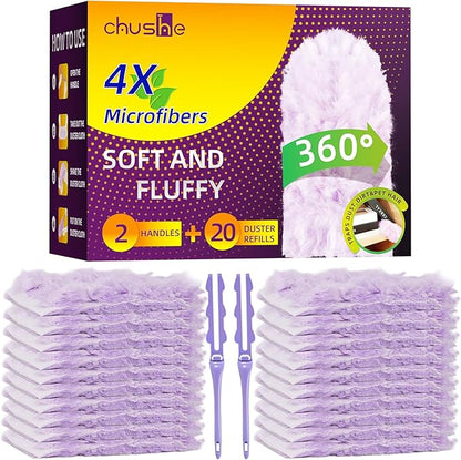 Duster Refills Compatible with Swiffer, 20 Count with 2 Handles, Heavy Duty 360° 4X Microfiber Stay-On Pads, Unscented Disposable Duster for Home Pet Hair Blinds Ceiling Fans Cleaning