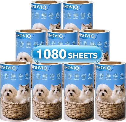 Lint Roller Refills - 1080 Sheets Total, Extra Sticky Adhesive Replacement Rolls for Pet Hair Removal on Clothes, Couch, Furniture & Carpet, 3.9-inch Rolls with 120 Sheets Each, (No Handle Included)