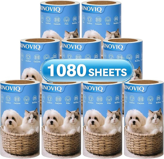 Lint Roller Refills - 1080 Sheets Total, Extra Sticky Adhesive Replacement Rolls for Pet Hair Removal on Clothes, Couch, Furniture & Carpet, 3.9-inch Rolls with 120 Sheets Each, (No Handle Included)