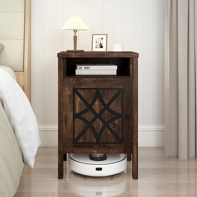 GOFLAME Robot Vacuum Storage Cabinet, Retro Sofa Side End Table with Hidden Robotic Vacuum Cleaner Storage & Open Compartment, Sweeping Robot Stand Cabinet for Living Room (Rustic Brown)