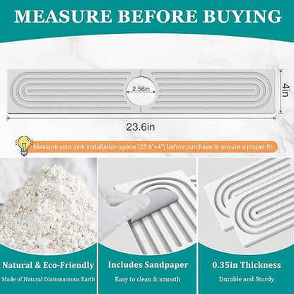 Stone Faucet Mat for Kitchen Sink - Quick Dry Diatomite Sink Splash Guard, Prevents Moisture Buildup & Water Stains, Water Absorbing Stone Tray for Bathroom Countertop (White, 23.6" x 4")