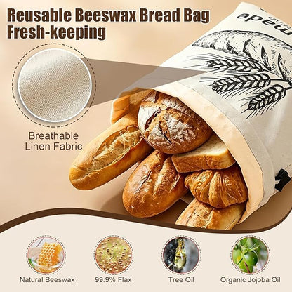 MASSUGAR 2 Pack Beeswax Bread Bags with 20 Paper Bread Bags for Sourdough Homemade Bread, XL Cotton Lining Sourdough Reusable Natural Beeswax Bread Storage Bag, Freezer-Friendly Freshness Preservation
