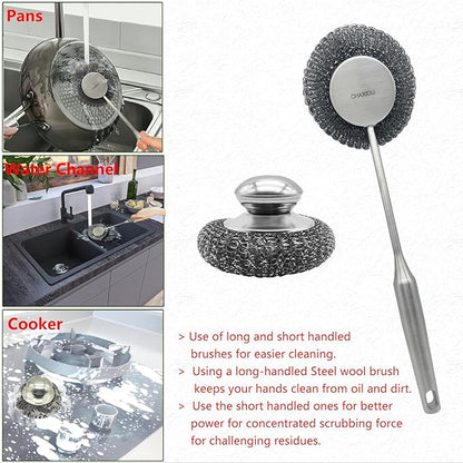 Stainless Steel Wool Scrubber Set, Long Handle & Handle Brushes,Metal Brush for Pots, Pans, Grills & Cutlery Cleaning (3 Pack)