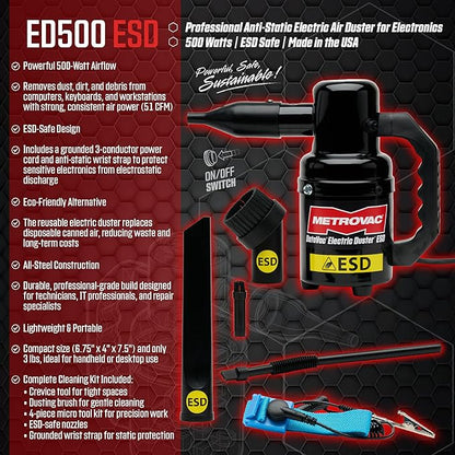 MetroVac DataVac ED-500-ESD Electric Air Duster | Antistatic Computer Air Blower for PC Cleaning with Accessories