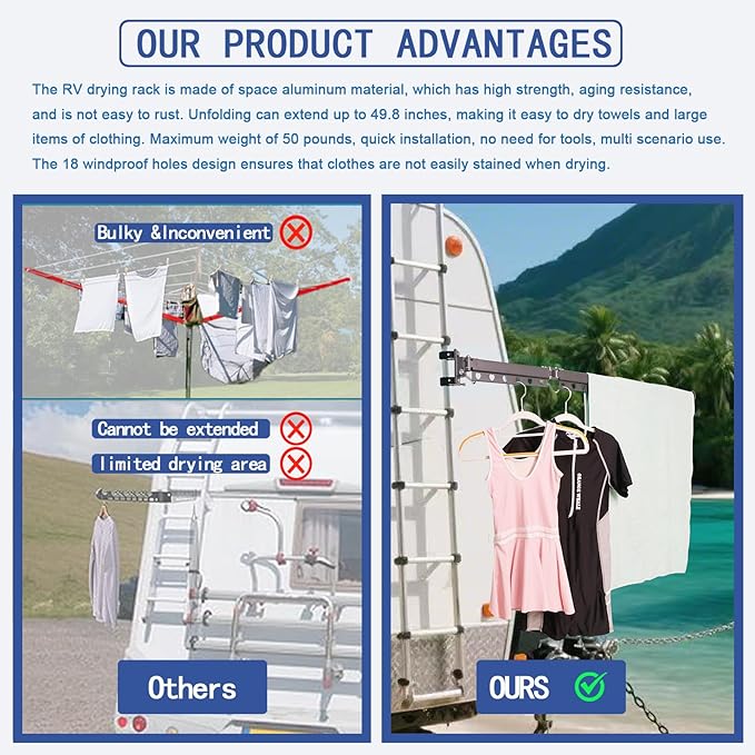 RV Clothes Drying Rack, 35 Inch Telescopic Trapezoid Laundry Hanger, Aviation Aluminum, Foldable & Rustproof, 50 LBS Load Capacity, Portable & Easy to Install for RV, Camper