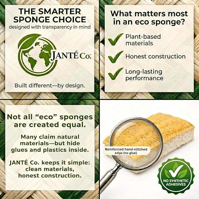 Eco Kitchen Sponges - Plant Based Cellulose & Natural Loofah Scrub Sponge - Biodegradable Dish Sponge - 6 Pack - by Janté Co.