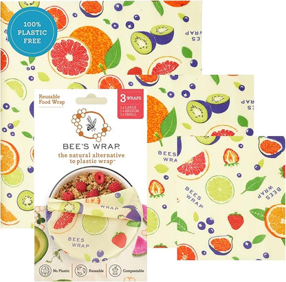 Bee's Wrap Beeswax Wraps for Food - 3 Pack of Assorted Beeswax Wraps - Small, Medium & Large Wrap - Plastic Free Made in USA Reusable Natural Food Wrap - Fresh Fruit Print