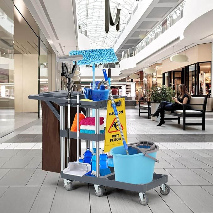 Commercial 3-Shelf Janitorial Cart with 2 Cabinets/Shelves, Commercial Traditional Wheeled Cleaning Cart with Cover and Oxford Bag, 300 Lb Capacity, Suitable for Schools, Hotels, Apartments