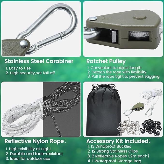 Retractable Travel Clothesline, 19FT Adjustable Heavy-Duty Line with Reflective Pulley System, Stainless Hooks & Clips – Portable for Camping, Cruise, Hotel, Balcony & Outdoor Laundry (Army Green)