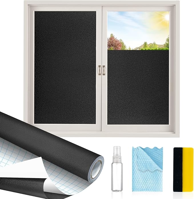 MAGIDEKOR Total Blackout Window Privacy Film with Installation Tools, 100% Light Blocking Heat Control Static Cling, Room Darkening Opaque, 17.5 Inch X 9.8 Feet