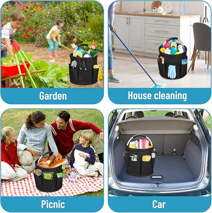 17L Portable Cleaning Bucket Organiser, 6 Pockets Foldable Cleaning Caddy with Handle Wearable Cleaning Caddy Bag for Outdoor Camping Garden Harvest Basket Home Bathroom Storage (Black)