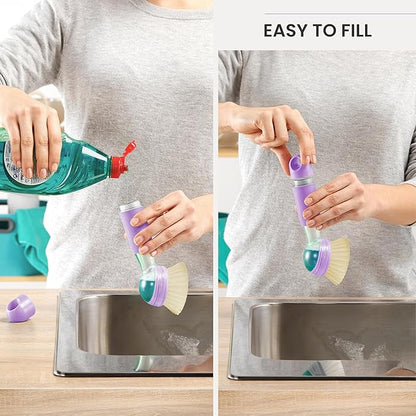 Vigar Rengo Dish Brush with Soap Dispenser - Dish Scrubber with Handle, Kitchen Scrub Brush for Dishes, Sink Cleaning Brush, Soap Dispensing Dish Wand with Nylon Bristles, Non Scratch - Purple
