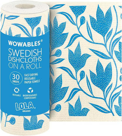LOLA Swedish Dishcloths XL on a Roll, 30 Sheets, Floral Pattern, Perforated Tear-Off 11" x 10" Sheets w/Hook, Reusable Absorbent Unpaper Towels Cellulose Sponge Cloth Biodegradable Made in Germany
