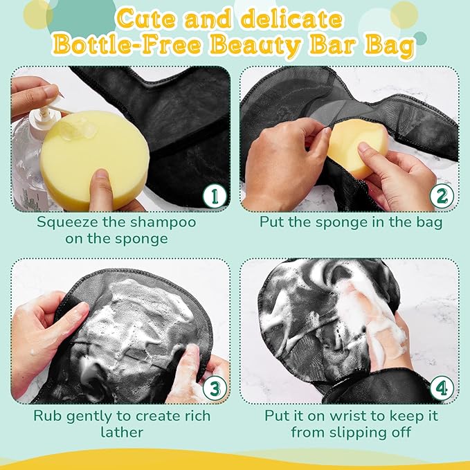 Nuanchu 2 Pcs Shampoo Bar Holder Bag Soap Saver Bag Beauty Shampoo Conditioner Bar Pouch Rabbit Shape Travel Soap Holder Loofah Bubble Foam Net Savers(Black, White,L)