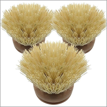 LOLA Replacement Head for the Original Tampico Vegetable & Dish Brush, 3 Pack, Birch Hardwood & Tampico Bristles, Reusable & Washable