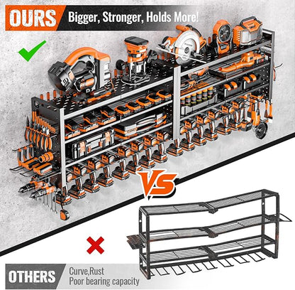 66" W Super Large Power Tool Organizer Wall Mount,Heavy Duty Cordless Tool Organizer with 18 Drill Holder,600 Lbs Capacity 4-Layer Garage Organization for Garage and Workshop (Black)