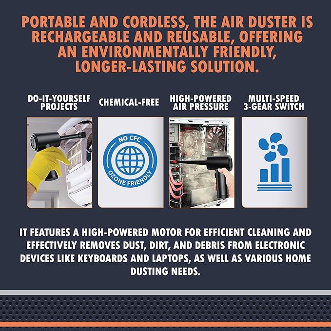 Newhouse Electric Cordless Air Duster NHAD-BR-1, 3-Speed Blower for Car, Computer Cleaning, Rechargeable