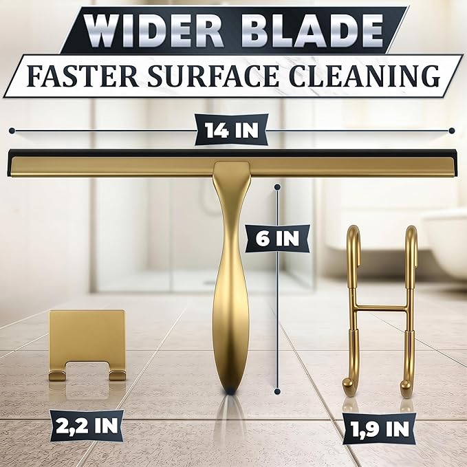 14 Inch Shower Door Squeegee - Gold Squeegee for Shower Glass with Stainless Steel Body, Silicone Blade, Adhesive & Hanging Hooks for Streak-Free Mirror, Tile, Window, Bathroom, Car, Everyday Home Use
