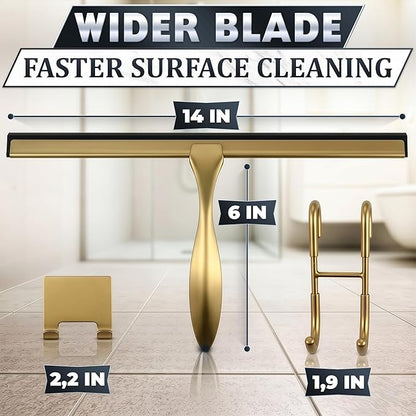 14 Inch Shower Door Squeegee - Gold Squeegee for Shower Glass with Stainless Steel Body, Silicone Blade, Adhesive & Hanging Hooks for Streak-Free Mirror, Tile, Window, Bathroom, Car, Everyday Home Use