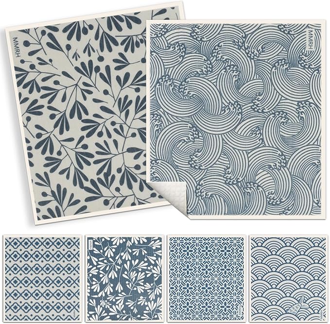 6 Pack Swedish Dishcloths for Kitchen |Watercolor Dish Towels | Reusable Paper Towels Washable | Non-Scratch Cellulose Sponge Cloths | No Odor, Biodegradable, Swedish Cloths, Ukiyo-e﻿