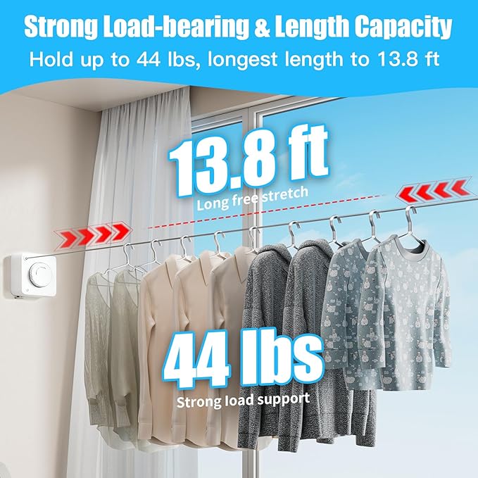 Retractable Clothesline Indoor - Non-Sagging Retractable Clothesline Outdoor - Retracting 13.8 Ft Heavy Duty Drying Clothes Line - Wall Mounted Stainless Steel Laundry Line (White, Square)
