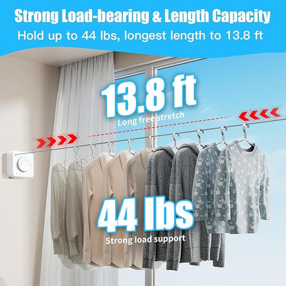 Retractable Clothesline Indoor - Non-Sagging Retractable Clothesline Outdoor - Retracting 13.8 Ft Heavy Duty Drying Clothes Line - Wall Mounted Stainless Steel Laundry Line (White, Square)