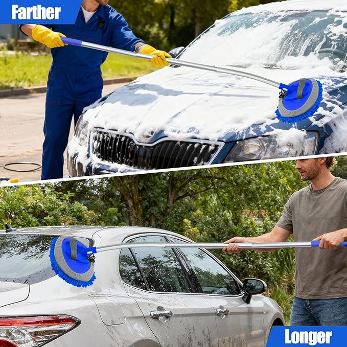 15° Curved Car Wash Brush with Long Handle 43" Extension Cleaning Mop Exterior Interior Carwash Duster 3-Section, 90° Pivoting Extralarge Microfiber Head for Scratch-Free Car, SUV & Truck (Blue)
