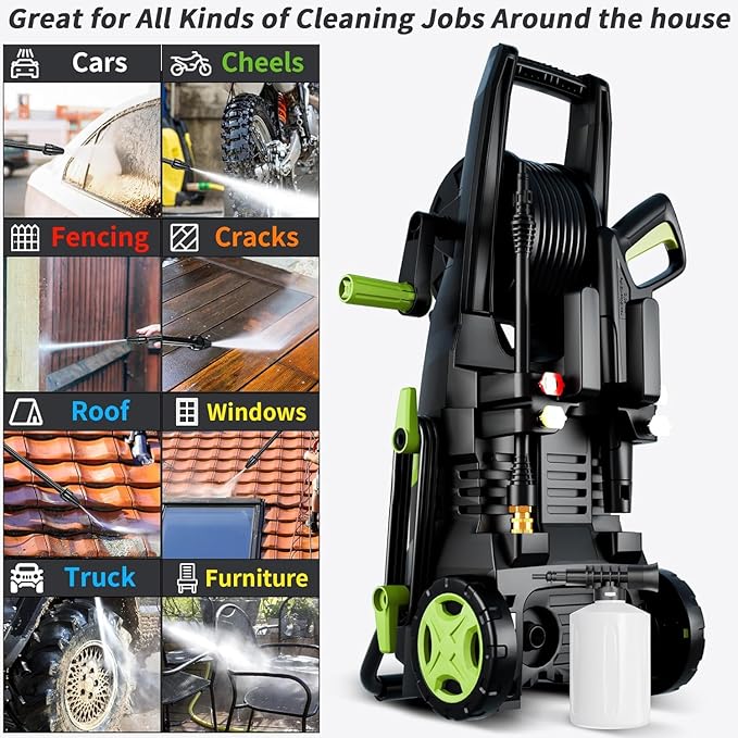2026NEW Pressure Power Washer 4500PSI with 4 Quick Connect Nozzles, Inlet Hose & Filter, Foam Cannon for Cars/Fences/Driveways/Patios/Home Cleaning, Green