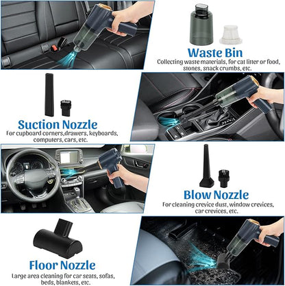 12000Pa Cordless Handheld Vacuum Cleaner, High Power Car Vacuum and Air Duster 2-in-1, Low Decibel Brushless Mini Vacuum with LED light and Multi-Nozzles, for Desk, Sewing Machine, Computer, Keyboard
