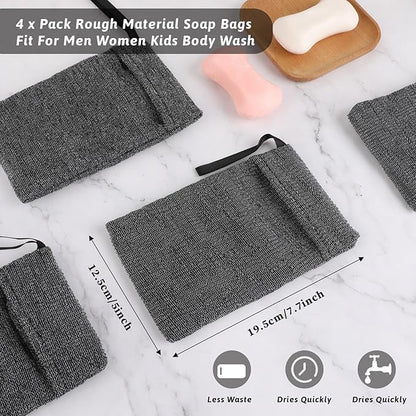 4Pack Exfoliating Soap Pouch Nylon Soap Saver Bag Mesh Soap Bag Body Scrubber Rough Sponge Exfoliator for Bath Shower Women Men